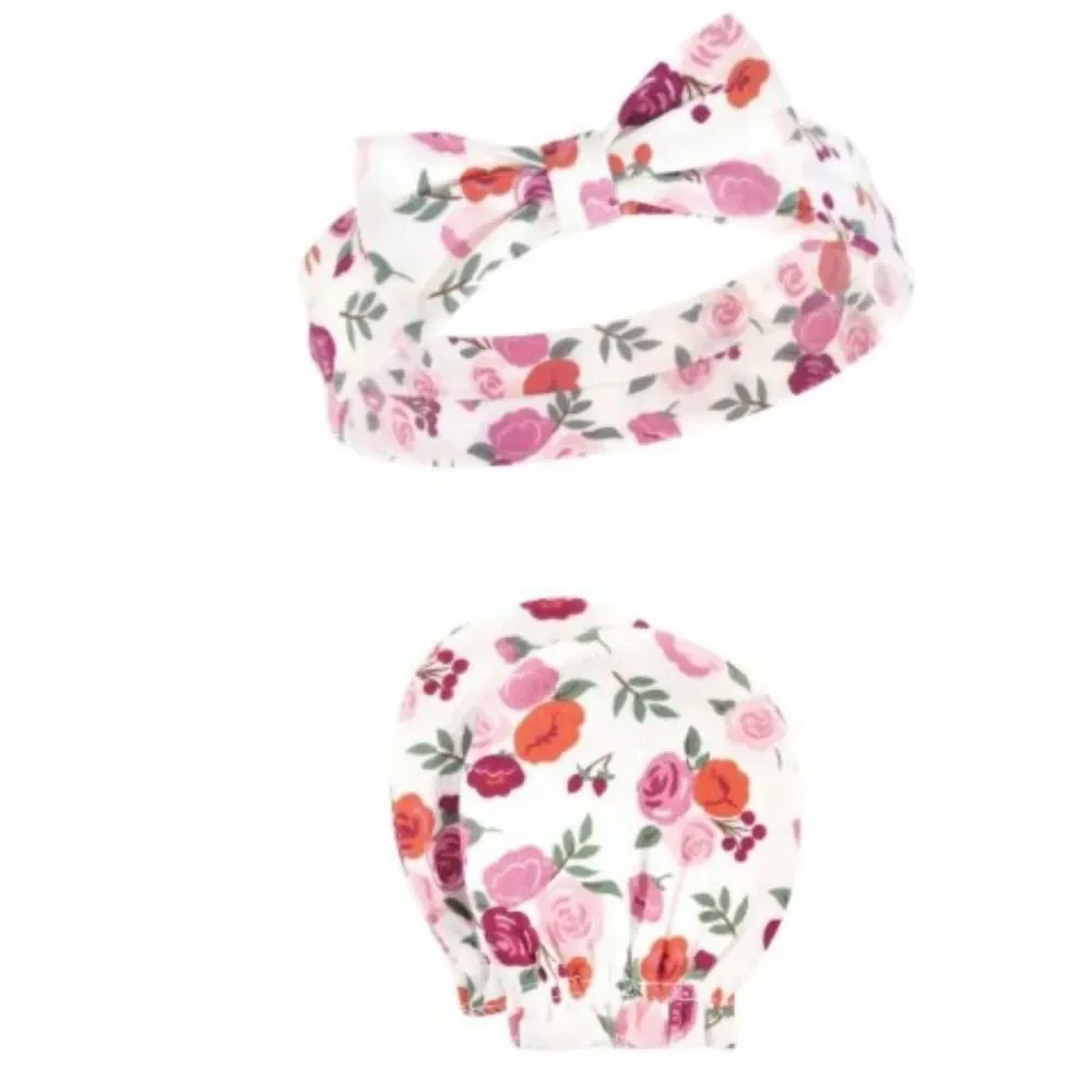 Infant Girl Cotton Headband and Scratch Mitten Set, Fall Floral, 0-6 Months